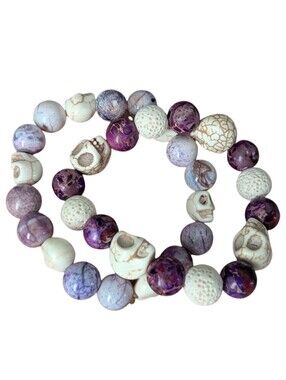 Purple Agate - White Lava Stone • IIvory Skull Bead Stretch Bracelet Set